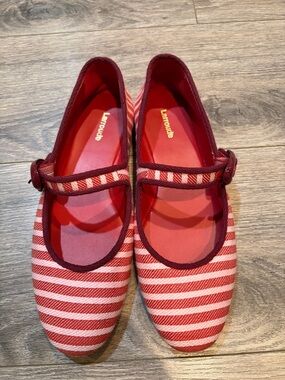 Larroude Red and Cream Striped Mary Jane Flats with Button Strap